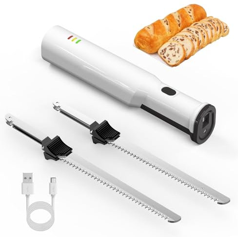 IINCOOY Cuchillo de Pan Inalámbrico Alternativo USB, con Cuchillas Dentadas de Acero Inoxidable de 8 Bloqueo de Seguridad Cuchillo Rebanador de Carne Inalámbrico for Tallar Carnes, Aves, Pan