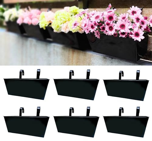 LaLaGreen Lot de 6 pots de fleurs rectangulaires en métal noir de 40,6 cm à suspendre au mur pour balcon, terrasse, balustrade, clôture, plantes succulentes, herbes aromatiques, décoration d'extérieur