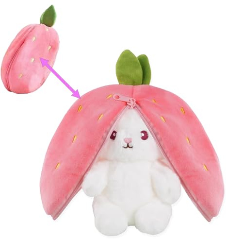 Irunfast 23CM Easter Bunny Plush Toy, Reversible Bunny Strawberry Plushie Toys with Zipper, Soft Easters Strawberry Bunnys Stuffed Animal Toy Easter Bunnys Teddy for Festive Decoration