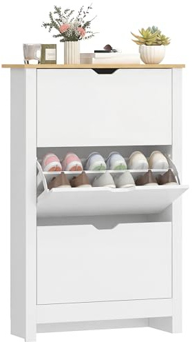 HOMCOM Narrow Shoe Cabinet, Space Saving Shoe Storage Cabinet with 3 Flip Drawers and Adjustable Shelves for 9-18 Pairs of Shoes for Hallways and Living Room, White