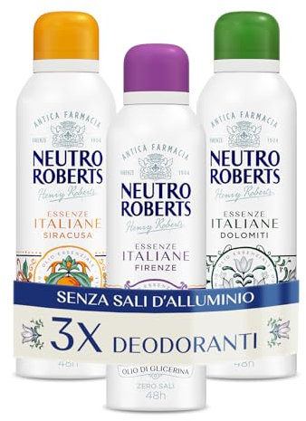Neutro Roberts, Kit Deodoranti Spray Essenze Italiane Dolomiti, Siracusa e Firenze, Senza Sali di Alluminio, Zero Macchie, Con Puro Olio di Glicerina, Deodorante Donna e Uomo, 48h - 3 Pezzi da 200 ml