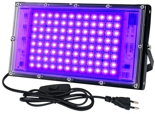 CREATESTAR LED Luce Nera 100W, Faro UV LED IP65 Impermeabile Faretto UV con 1,5m Spina, Lampada per Festa Glow, Acquario, Bar, Poster Fluorescente, Halloween, Discoteca (100W(1PCS))