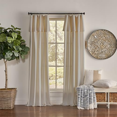 Mercantile Drop Cloth Curtain Panel, Light Filtering Ring & Tab Top with Attached Valance, 84 in Long x 50 in Wide, Farmhouse Single Window Panel, Bedroom, Living Room & Dining Room, Linen