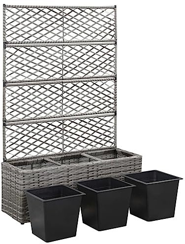 Kavolet Hochbeet mit Rankgitter 3 Töpfe 83×30×130cm Poly Rattan Grau, Pflanzkübel Pflanzkasten Blumenkübel Gartenspalier Spalier Rankhilfe Rankkasten