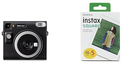 Bundle of INSTAX SQ40 instant camera, Black textured finish + instax SQUARE instant Film 50 shot pack, white Border, suitable for all instax SQUARE cameras and printers