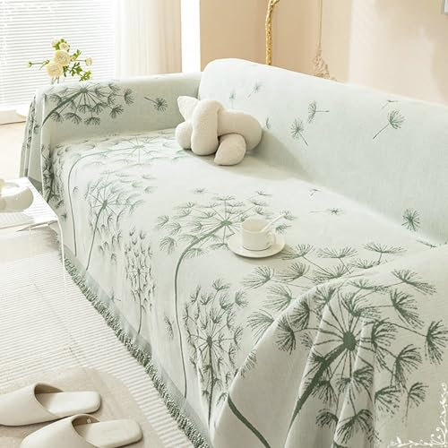 Epinki Couchbezug, 180x150CM Ecksofa Bezug rutschfest mit Quaste Löwenzahn Muster, Wohnzimmer Sessel Hunde Haustiere Sofaüberwurf Hund aus Chenille für Wohnzimmer, Grün