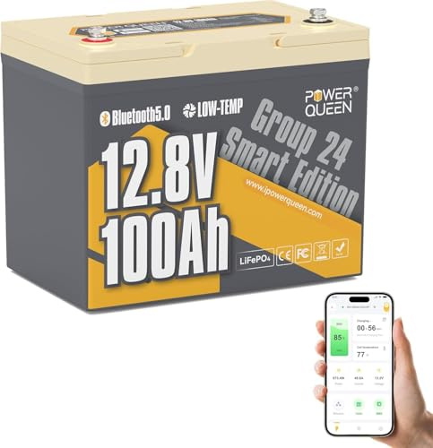 Power Queen 12V 100Ah Grupo24 Batería LiFePO4 Bluetooth para Caravana Barco | BMS de 100A con Protección de Baja Temperatura,1280Wh,Max.4P4S Ideal para Motor de Curricán,Energía solar,Fuera de la Red