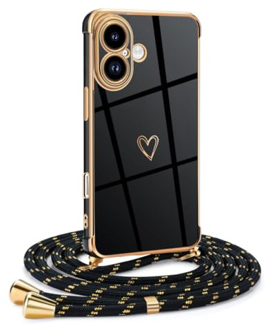 Mkej Frauen Mädchen Handykette Kompatibel mit iPhone 16 - Silikon Hülle mit Band - Handyhülle für iPhone 16 Herz Love Design Galvanik - Hülle mit Kordel in schwarzes Gold