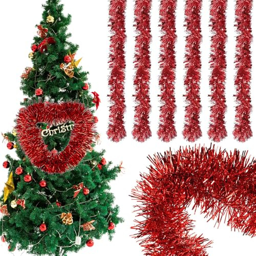 6 Stück x 2M Weihnachten Girlande Lametta,Weihnachten Lametta Girlande,Lametta Girlande Weihnachtsbaum,Weihnachtsdeko Metallische Girlanden,Weihnachtsbaum Deko Lametta,Lametta Weihnachtsbaum (Rot)