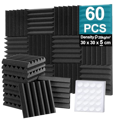 Foneso Akustikpaneele, 30x30x5 cm（Dichte:25kg/m³） Schalldämmung, Akustikschaumstoff,3D Hochdichte Schallabsorber Wand, Schalldämmstoffe für Aufnahmeräume, Aufnahmeräume und Büros (Schwarz, 60 Stück)