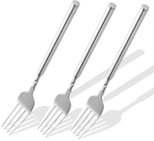 [3 st] Utdragbar gaffel för skämt, expanderbara gafflar, utökad/förlängning/förlängning, förlängning från 22 cm till 64 cm lång, rostfritt stål teleskop/teleskop/infällbar middagsgaffel. Silver