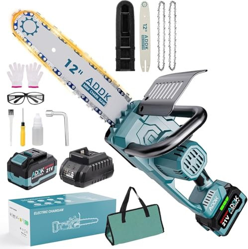 BFYDOAA Mini motosierra de batería 6000 mAh, 12 pulgadas motosierra eléctrica inalámbrica, motosierra portátil para corte de madera, poda, jardín, 2 cadenas