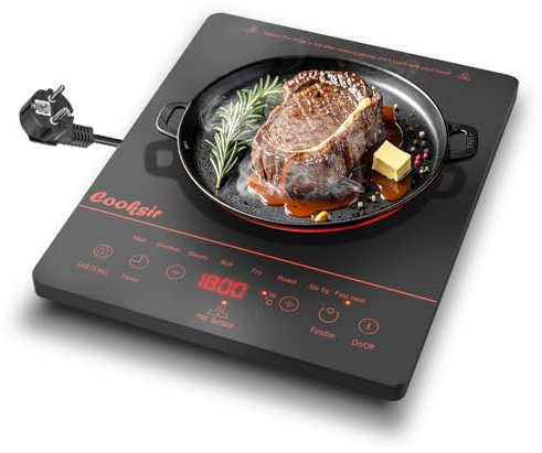Cooksir Placa vitrocerámica 1 fuego, vitrocerámic portátil 28CM, individual 2000W, calentamiento por infrarrojos, temporizador 4 horas, bloqueo de seguridad, control táctil, enchufe 10A 220-240V