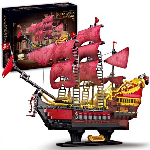 Finger Rock Piratenschiff Klemmbausteine mit Lichtern,1898Teile Caribbean Pirates Schiff Kompatibel mit Berühmte Marken Queen Anne's Revenge Segelschiff Modellbausatz Kreative Geschenk für Erwachsene