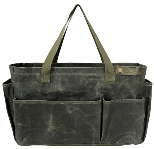 Faltbare werkzeugtasche Leer, gartenwerkzeug tasche, Handwerkzeugtasche groß, einkaufstasche klein, Waxed canvas 46x18x28cm - Ideal für Gärtner Elektriker Schreiner Handwerker(olivgrün)