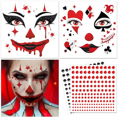 DPKOW Clown Tattoo Gesicht Halloween Make Up Accessoires, mit Glitzersteine Gesicht, Joker Tattoos Gesichtstattoos Halloween Clown Kostüm Zubehör für Kinder Damen Herren Cosplay Karneval Kostümzubehör