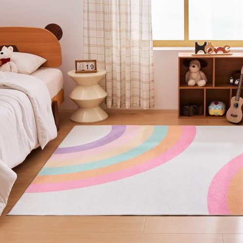 Sonive Rosa Regenbogen Teppich Kinderteppich für Junge Mädchen 120x170cm | Rutschfeste Krabbelmatte für Wohnzimmer, Schlafzimmer, Kinderzimmer