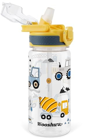 omedecal Vattenflaska för barn för skolan, 47 ml sugrör vattenflaska i plast med silikonpip och popup-fodral, BPA-fri och diskmaskinssäker (grävmaskin)