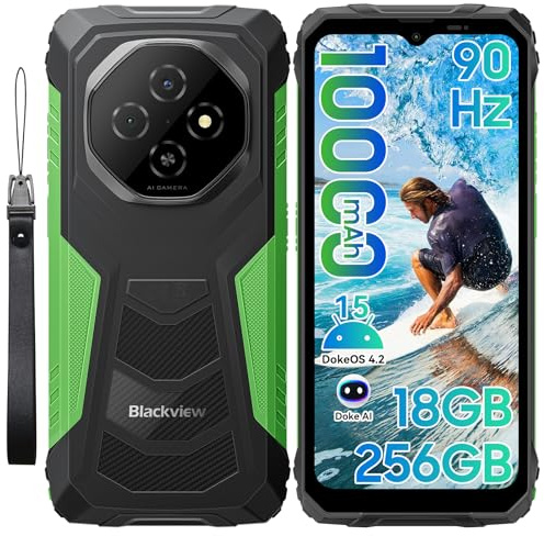 Blackview Fort1 Rugged SmartPhone (10000mAh)-Android 15, 18GB+256GB/2TB, 6.56 90Hz, Sim-free Unlocked Mobile Phones, IP69K/NFC/OTG/GPS/4G Dual SIM/3 Card Slots/Glove Mode, AI Rugged Phone, Green