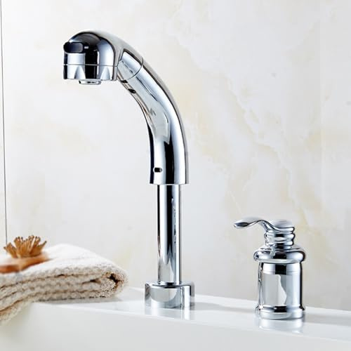 BiaoTeng Pull Out Bathroom Taps Single Lever Basin Mixer Tap 2 Hole 2 Mode Hot and Cold Taps for Bathroom Basin Brass Silver
