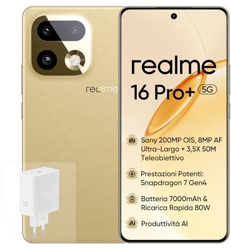 realme 16 Pro+ 5G Smartphone, 8+256GB, Fotocamera 200MP OIS, Obiettivo Ritratto 50MP, Batteria 7000mAh, Display Curvo 6,8 144Hz, Ricarica 80W, Funzioni AI, Dual SIM, Oro(con Adattatore)