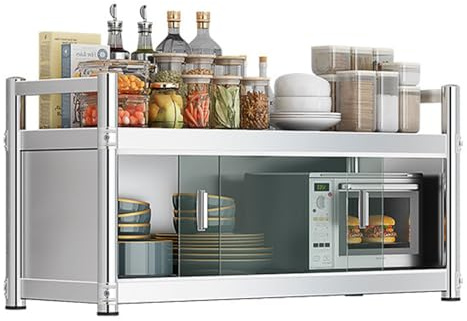 Armoires Murales en Acier Inoxydable, Cuisine avec Portes Coulissantes, Armoire Murale Cuisine Convient pour Espace Cuisine et La Salle de Bains Garage(Two-Tier,120 * 35 * 50cm)