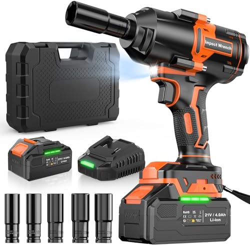 AKZWOXRO Cordless Impact Wrench, 1/2 Brushless Power Impact Gun 21V, 738Ft-lbs(1000N.m) High Torque Electric Impact Gun with Battery 4000mAh,Fast Charger & 5 Sockets,Power Impact Driver for Car