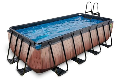 EXIT Toys Wood Pool - 400x200x100cm - Piscina de Marco Rectangular Grande con Bomba de Filtro de Cartucho - Piscina Extra Profunda - Marco Robusto - Incluye Escalera de Piscina - Diseño Único - Marrón