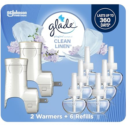 Glade PlugIns Air Freshener Starter Kit, Scented and Essential Oils for Home and Bathroom, Clean Linen, 4.02 Fl Oz, 2 Warmers and 6 Refills