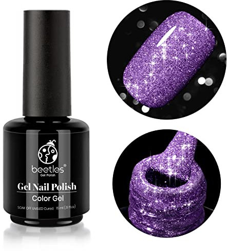 Beetles Reflective Gel Nail Polish, 1Pcs 15ML Purple Glitter Diamond Gel Polish Disco Color Soak Off Nail Art Manicure Salon DIY at Home Women's Day Gift for Mom