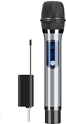 FURUIWUFENG microfono Microfono wireless professionale per cantare in metallo doppio UHF. Sistema di microfono portatile Dynamic Mic Dynamic senza cordless, uscita 1/4 e 1/8 amplificatore voce