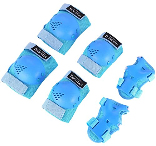 BOSONER Knäskydd barn, 6-i-1-skyddset barn (6–15 år) handledsskydd armbågsskydd justerbart inlines skyddset för skateboard, skoter, skridskoåkning, BMX