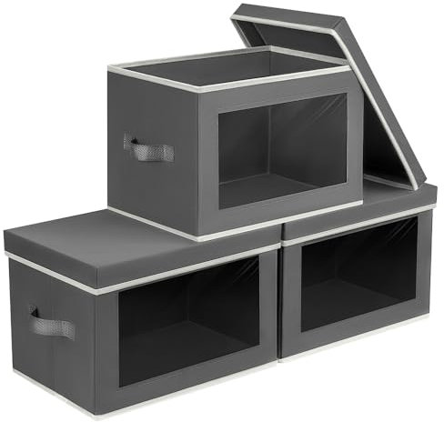 Homsorout 3 Pack Storage Boxes with Lids Foldable - Wardrobe Organiser Storage Cubes with Transparent Window Fabric Organiser Box for Shelf, Toys, Clothes, Books, Closet, Office