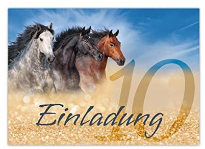 Junapack 12 Einladungskarten zum 10. Kindergeburtstag zehnte Geburtstag Mädchen drei Pferde