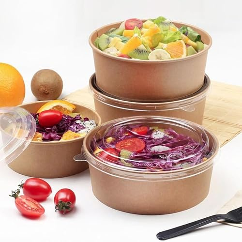 HOT BARGAINS 50 x 45oz (1300ml) Brown Disposable Takeaway Paper Kraft Salad Bowls with Lids Freezer and Microwave Safe Ideal for Street Food Packaging, Takeaway Business, Restaurant (50)