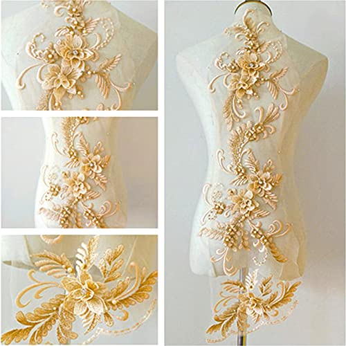 Duories 3D Spitze Flicken Applique Patch Stickerei Perlen Patches Blumenmotiv Spitzenbesatz für DIY Handwerk Nähen Ausschnitt Hochzeit Braut Kleidung Dekoration, Golden