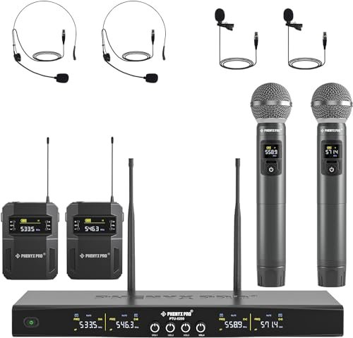 Phenyx Pro Sistema microfono wireless professionale a 4 canali con microfoni palmari, bodypack, archetto, da bavero, 4 x 25 frequenze UHF per canto, karaoke, chiesa (PTU-5200-2H2B)