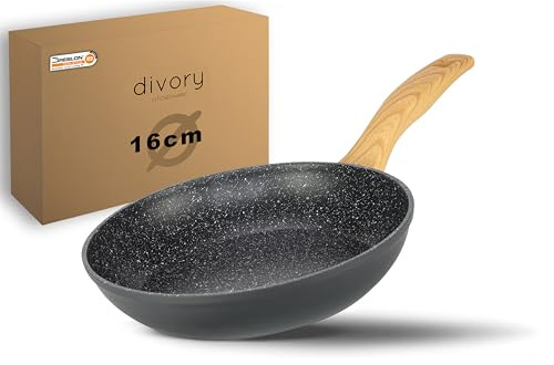 DIVORY beschichtete Bratpfanne – Antihaft beschichtete Pfanne für alle Herdarten – Universalpfanne Spülmaschinen geeignet + Backofenfest und frei von PFOA/APEO (16cm, Helles Holz)