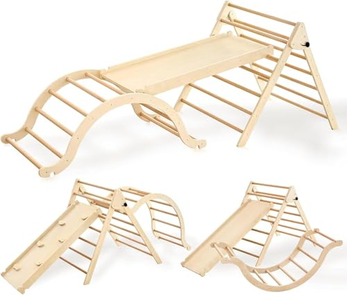 Giant bean Montessori Klettergerüst 7-in-1 Indoor Klettergerüst ab 3 Jahr Pikler Dreieck Holzdreieck für Kleinkinder ab 2-7, Indoor Kletterspielzeug, Hellbraun