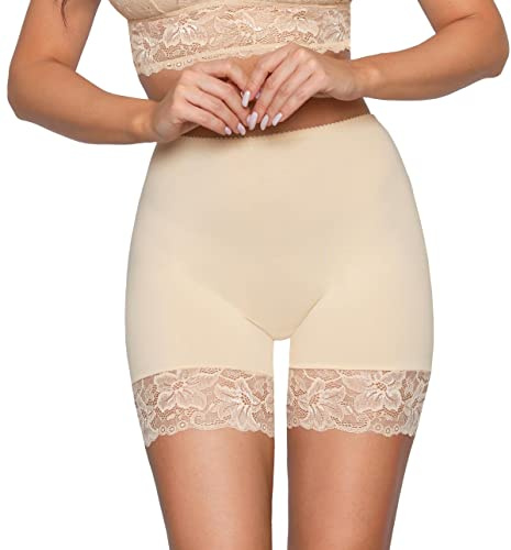 Alkato Damen Longpants mit Spitze Unterhose mit Bein Miederpants Rock Boxershorts, Farbe: Beige, Größe: XXL