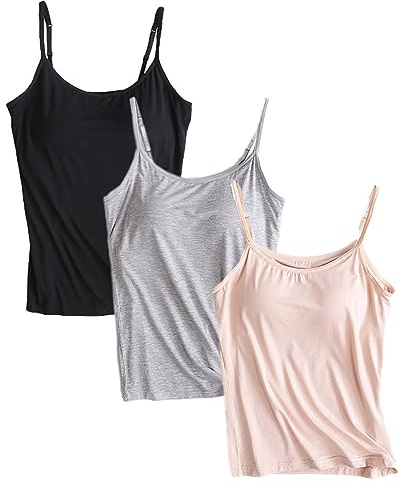 Jamron Dam Stora Storlekar 3-Delars Basic Linne Justerbar Rem Tank Tops med Inbyggd Hyll-BH Stretch Undertröjor Svart + Grå + Naken L