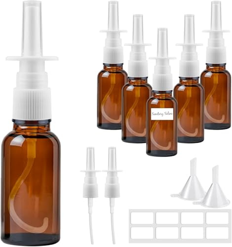 Furuising 6 Pièce Vaporisateurs Nasaux Vides en Verre, 10ml Petit Spray Nasal Vides, Réutilisable Ambre Flacon Pulvérisateur Nasal avec Entonnoirs et Étiquette pour Parfum, Huiles Essentielles, Saline