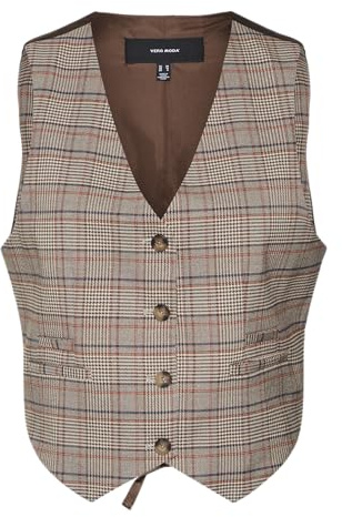 VERO MODA Vmellie SL Veste Gilet de Costume, Silver Mink/Carreaux : Marron, 40 Femmes
