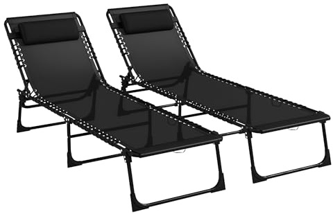 Outsunny 2 Piece Foldable Sun Lounger, Outdoor 4 Level Adjustable Backrest Reclining Chaise Chair, Steel Frame Recliner Chair for Camping, Hiking, Black
