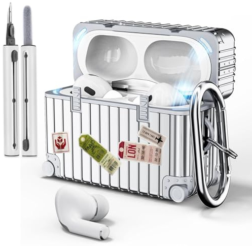 VISOOM für Airpods Pro 2 & 1 Hülle mit Reinigungsset, Silber/weiß | niedlich Suitcase stoßfeste TPU Schutzhülle für Airpods Pro 2 Case Mit Karabiner & DIY-Aufklebern, Front-LED Sichtbar