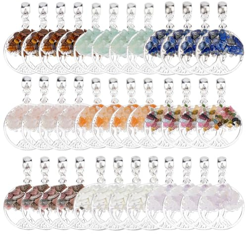 SUPERFINDINGS 36Pcs Tree of Life Pendants - 9 Colors Natural Stone Chakra Crystal Gemstone Charms for Earring, Bracelet, Necklace - Silver Plant Charm DIY Jewelry Making Supplies