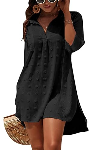 Figarge Strandkleid Damen Bikini Cover Up V-Ausschnitt Baumwolle Strandtunika Sommer Pareos Button Down Strandponcho Badeanzug Strand (DE/NL/SE/PL, Alphanumerisch, M, Regular, Regular, Schwarz)