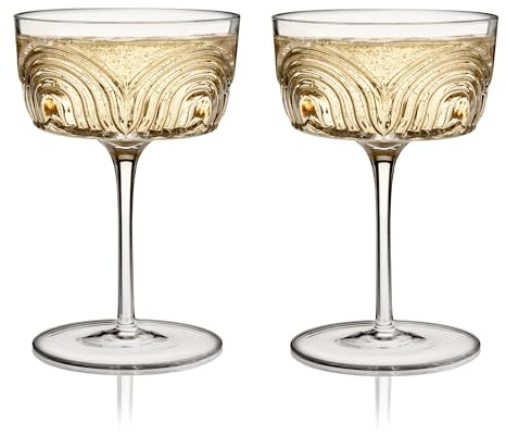 Viski Beau Cocktail Coupe Glasses, Unique Cocktail Glasses Crystal Drinkware, 7.5oz. Cocktail Glasses Stem Vintage Wine Glasses Inspired Set of 2