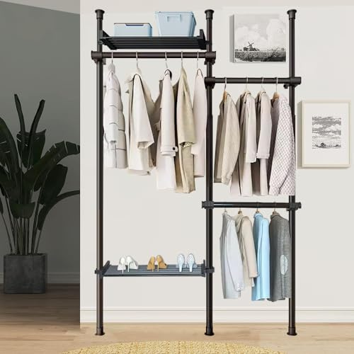 WPPTNSFY Teleskopstange Kleiderständer Garderobenständer, Teleskop Garderoben System Regalsystem mit Paletten und Körben, Höhe und Breite Verstellbarer, für Schlafzimmer Wohnzimmer