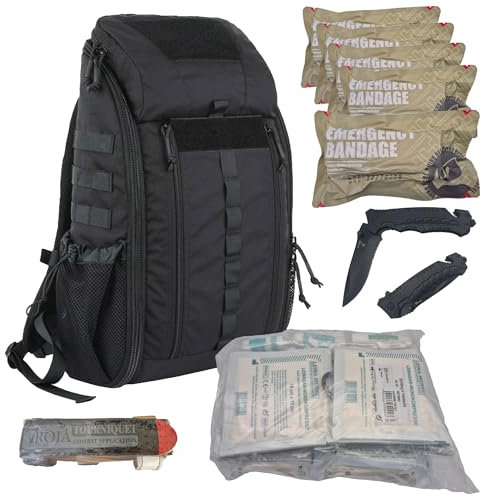 Troja Tactical Stop Bleeding Rucksack: Erste-Hilfe-Set mit 5 Stück Notfallbandagen, 1 Tourniquet, 2 Messern und 62 teiliges Erste-Hilfe-Kit ÖNORM Z 1020 Typ 2